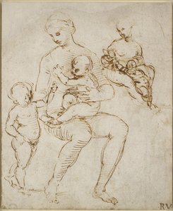 Recto: Két tanulmány egy szűznek és egy gyermeknek Szent Jánossal (The Madonna del Cardellino), WA1846.159 (toll és barna tinta néhány vaktoll fölött) alkotó: Raffaello Sanzio Raphael